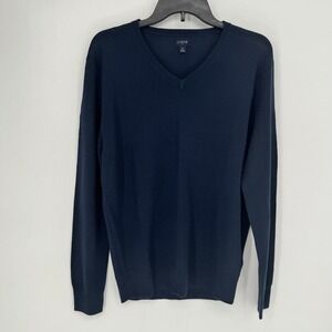 J.Crew Mens Navy Blue Merino Wool Blend V-Neck Sweater Size Medium Fine Knit